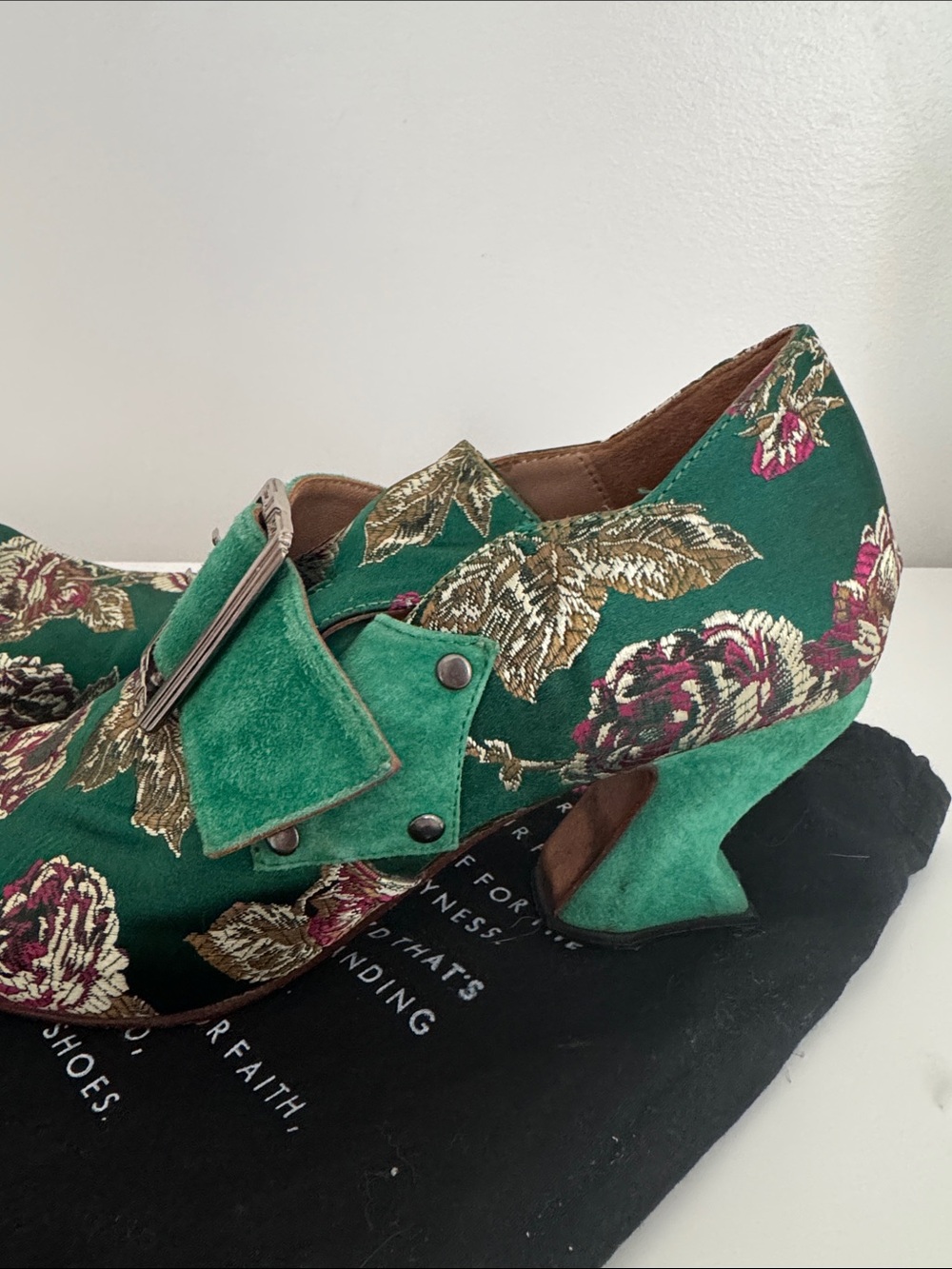 John Fluevog Bishop Green Floral Jaquard Suede Strap Heels - Picture 4 of 8